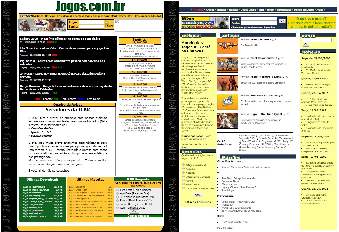 Duas encarnações do jogos.com.br, em 2000 e 2002